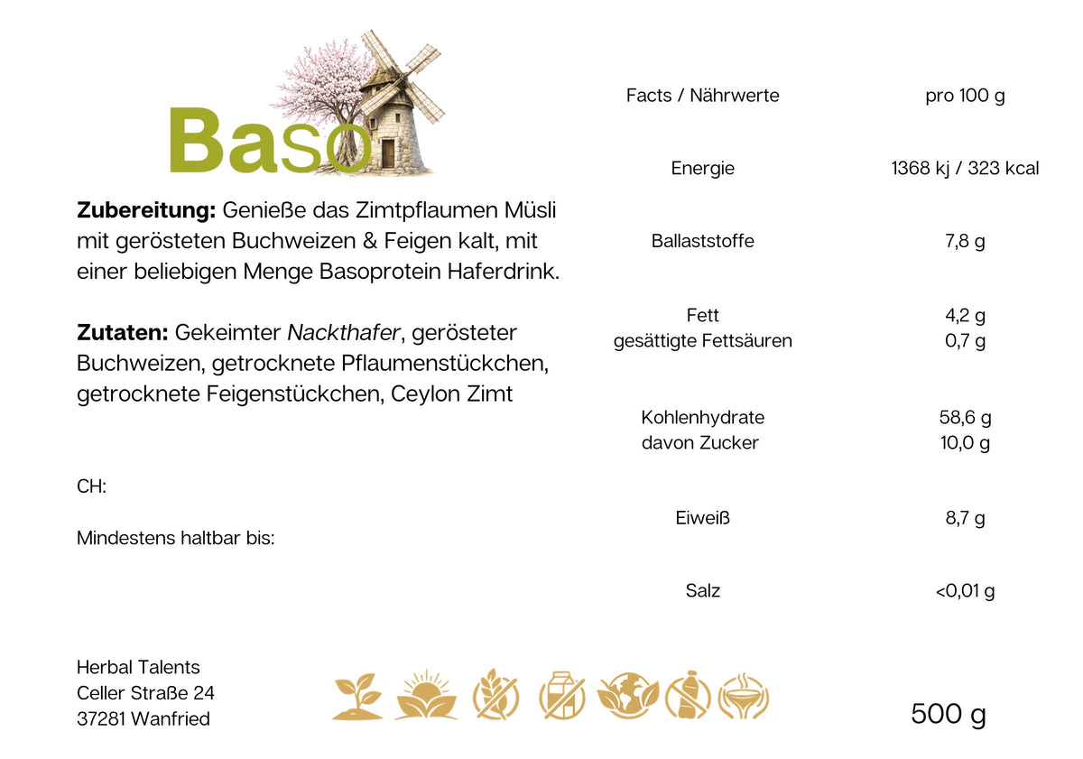 Gekeimtes Zimtpflaumenmüsli mit gerösteten Buchweizen & Feigen Probierglas