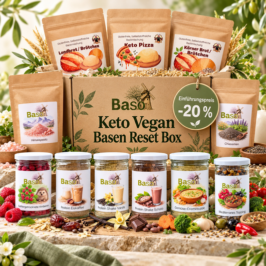 BASO Keto Vegan Basen Reset Box mit Backmischungen, Proteinshakes, Gemüse-Cremesuppe und Toppings
